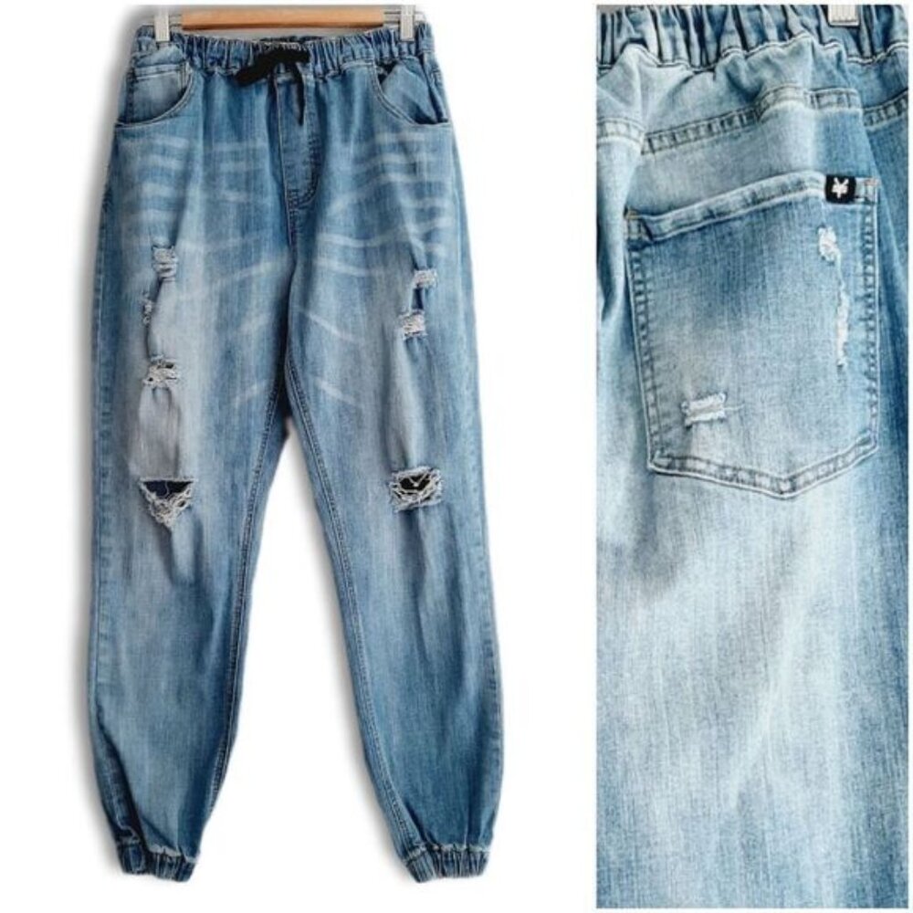 ZOO YORK / Jogger  Hi-Rise Broken-In Jean Faded Distressed Blue Sz M Flawed